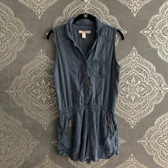 Denim Romper with Pockets - Picture 1 of 3
